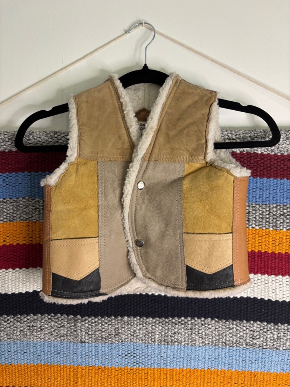 Vintage Kids Colorblock Leather Button Vest in Tan, Yellow, Beige